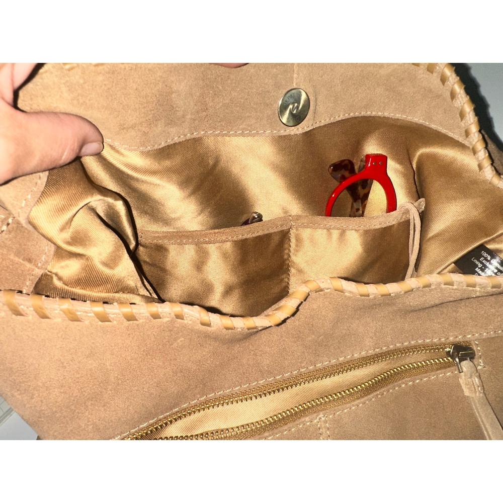 Tan Suede Whipstitch Hobo Shoulder Bag Genuine‎ Leather RN 75343 Made in India - Picture 4 of 10